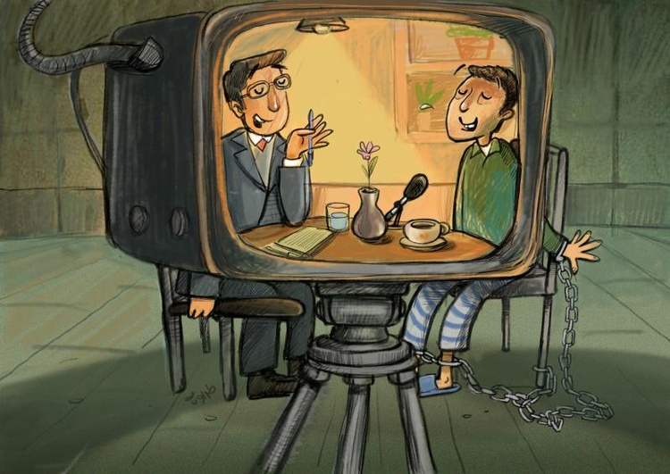 The Interview  A calm, friendly interview — at least, that’s what the camera shows. Behind the smiles, the truth is chained and forced to perform. Th