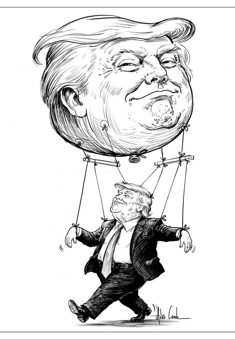 Make Me Great Again Donald Trump is portrayed as a puppet controlled by a giant balloon shaped like his own head, suggesting that his political action
