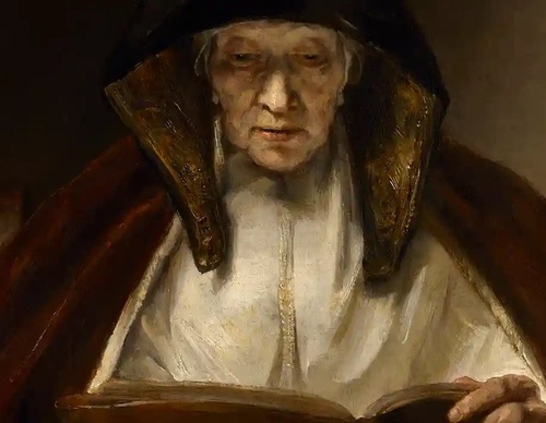 an old woman reading painted by rembrandt