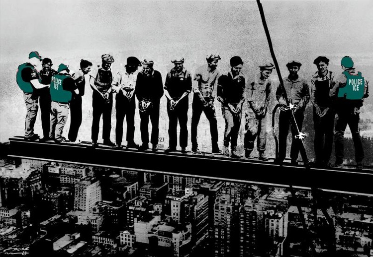 Lunch Atop a Skyscraper 2025  An artistic alteration and satirical take on the iconic 'Lunch Atop a Skyscraper' image, reimagining New York workers as