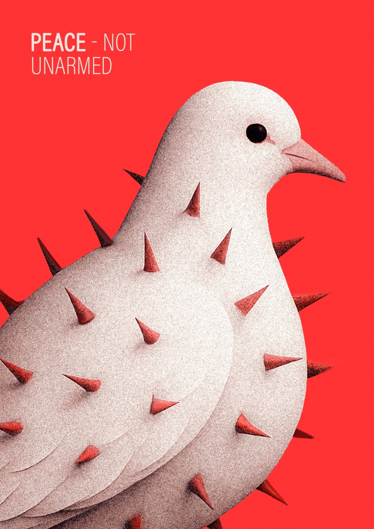 Peace - not unarmed | This poster illuminates the concept of modern peace through a powerful visual metaphor and concise, impactful text. The white do