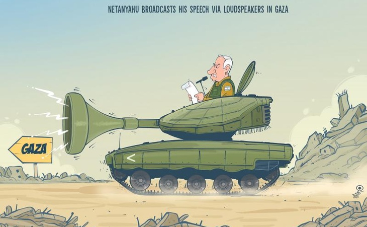 Netanyahu broadcasts his speech via loudspeakers in Gaza