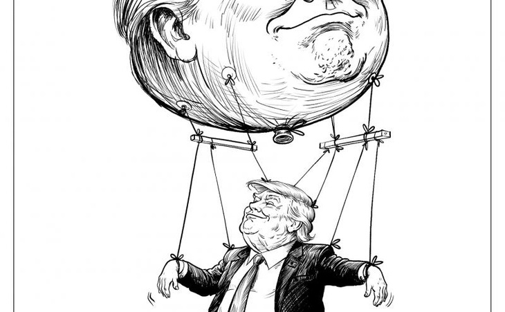 Make Me Great Again Donald Trump is portrayed as a puppet controlled by a giant balloon shaped like his own head, suggesting that his political action