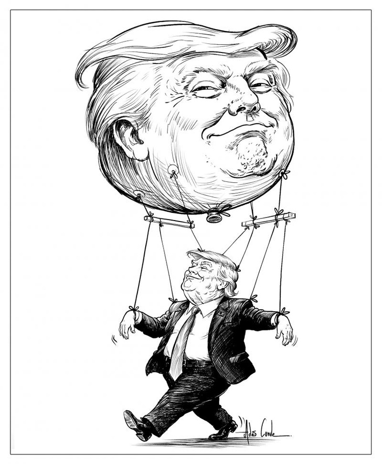 Make Me Great Again Donald Trump is portrayed as a puppet controlled by a giant balloon shaped like his own head, suggesting that his political action