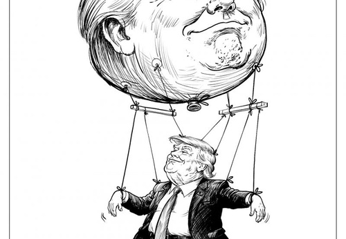 Make Me Great Again Donald Trump is portrayed as a puppet controlled by a giant balloon shaped like his own head, suggesting that his political action