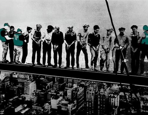 Lunch Atop a Skyscraper 2025  An artistic alteration and satirical take on the iconic 'Lunch Atop a Skyscraper' image, reimagining New York workers as