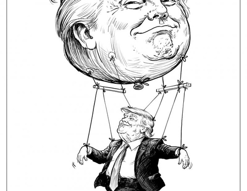 Make Me Great Again Donald Trump is portrayed as a puppet controlled by a giant balloon shaped like his own head, suggesting that his political action
