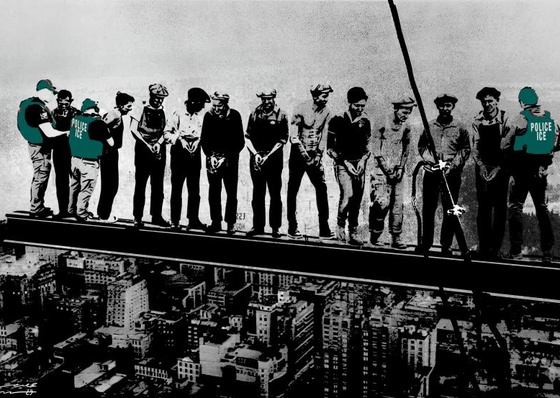 Almuerzo en lo alto de un rascacielos 2025  Una alteración artística y una visión satírica de la icónica imagen "Almuerzo en lo alto de un rascacielos