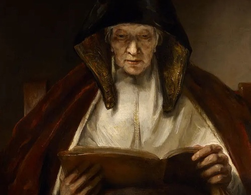 an old woman reading painted by rembrandt