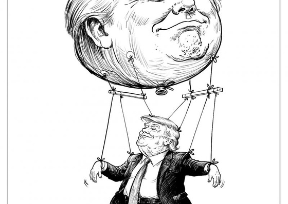 Hazme grande de nuevo. Donald Trump es retratado como una marioneta controlada por un globo gigante con la forma de su propia cabeza, lo que sugiere q